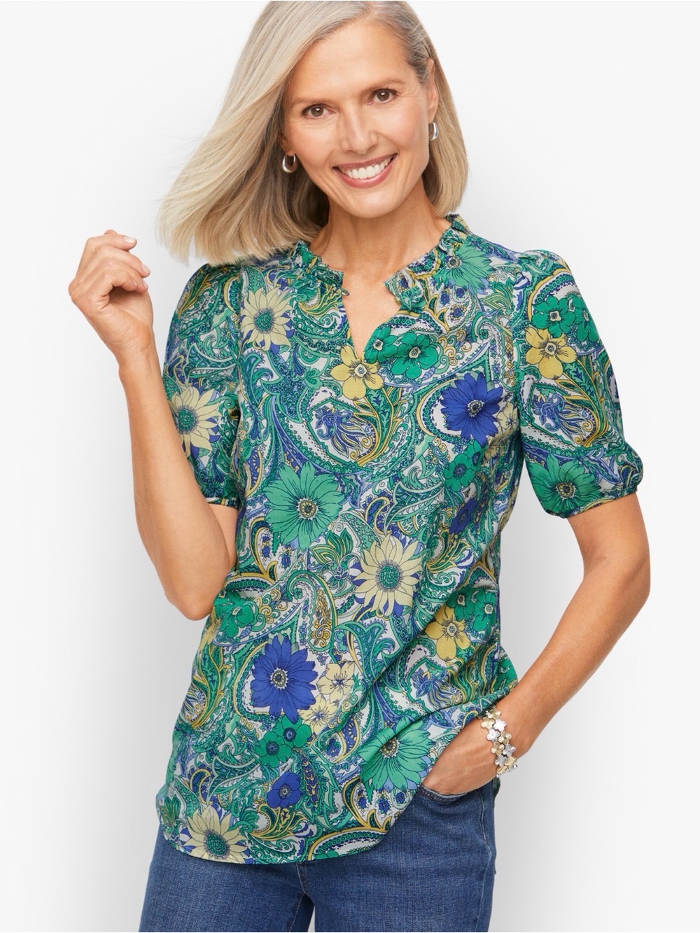 Talbots Green Puff Sleeve Blouse with Ruffle Collar